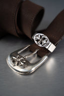 Vintage Brown Leather Belt with Floral Buckle